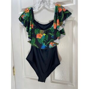 Tropical Print One Piece Swimsuit Ruffle Flounce Overlay Swimwear Black‎ L